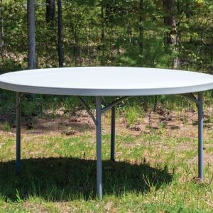 Large White Round Fold Up Table Top Side View Plastic Metal